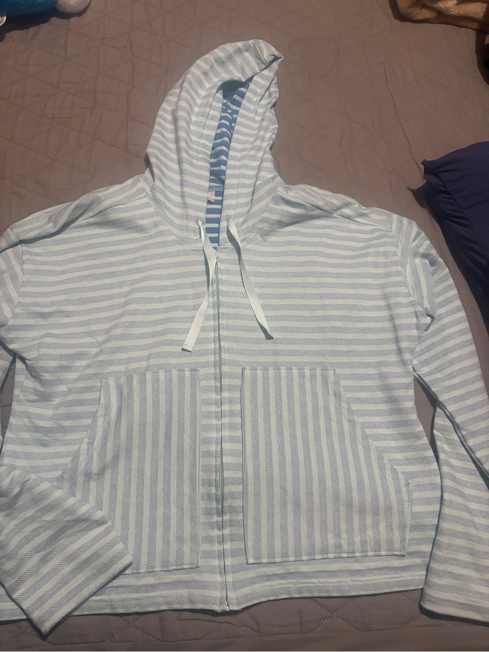 Columbia Light Blue and White Striped Hoodie Sweater